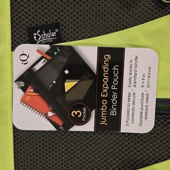 iScholar Jumbo Expandable Pencil Pouch, 3 Pockets, Neon Green - Picture 7 of 7